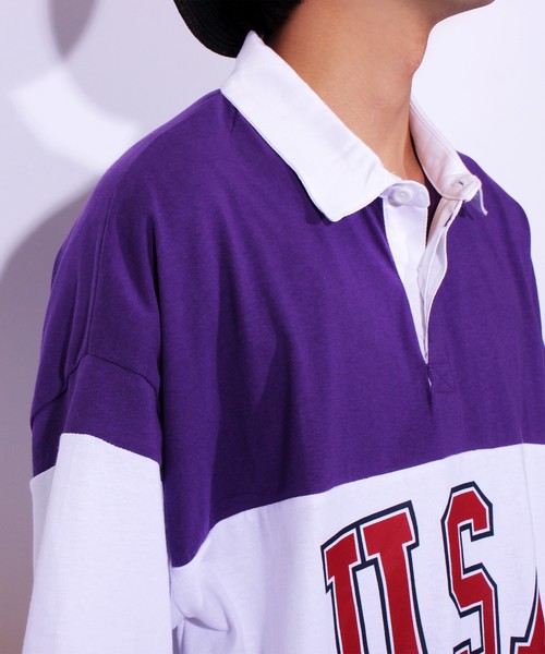 ８(eight)（エイト）の「USA ロゴ ラガーシャツ ボーダー ポロシャツ ビッグシルエット（ポロシャツ・メンズ・パープル/ネイビー/エメラルド・MEDIUM/LARGE）」の9枚目の写真