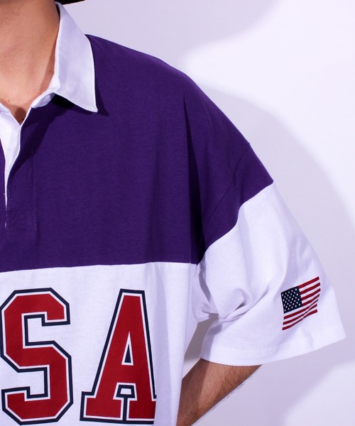８(eight)（エイト）の「USA ロゴ ラガーシャツ ボーダー ポロシャツ ビッグシルエット（ポロシャツ・メンズ・パープル/ネイビー/エメラルド・MEDIUM/LARGE）」の7枚目の写真