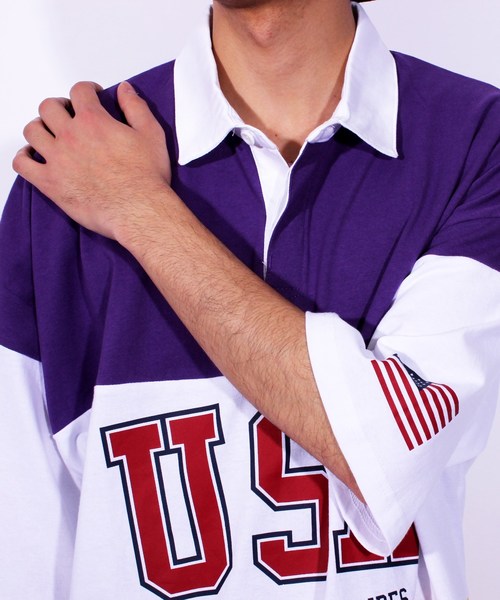 ８(eight)（エイト）の「USA ロゴ ラガーシャツ ボーダー ポロシャツ ビッグシルエット（ポロシャツ・メンズ・パープル/ネイビー/エメラルド・MEDIUM/LARGE）」の14枚目の写真