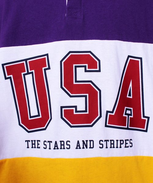 ８(eight)（エイト）の「USA ロゴ ラガーシャツ ボーダー ポロシャツ ビッグシルエット（ポロシャツ・メンズ・パープル/ネイビー/エメラルド・MEDIUM/LARGE）」の17枚目の写真
