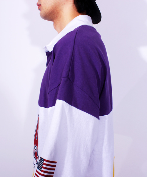 ８(eight)（エイト）の「USA ロゴ ラガーシャツ ボーダー ポロシャツ ビッグシルエット（ポロシャツ・メンズ・パープル/ネイビー/エメラルド・MEDIUM/LARGE）」の5枚目の写真