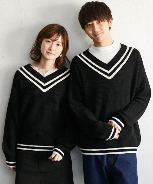 PairPair（ペアペア）の「チルデンＶネックニットプルオーバー（ニット/セーター・メンズ・ブラック/ライトベージュ・FREE）」の3枚目の写真