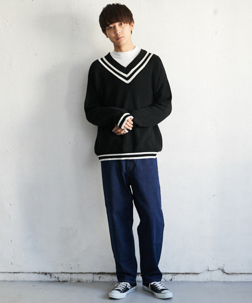 PairPair（ペアペア）の「チルデンＶネックニットプルオーバー（ニット/セーター・メンズ・ブラック/ライトベージュ・FREE）」の4枚目の写真