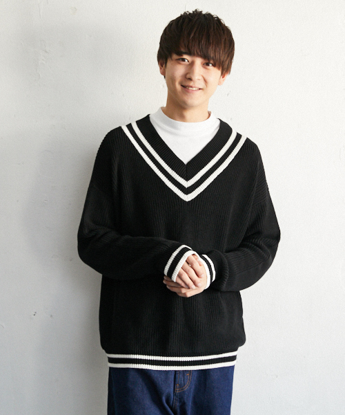 PairPair（ペアペア）の「チルデンＶネックニットプルオーバー（ニット/セーター・メンズ・ブラック/ライトベージュ・FREE）」の7枚目の写真