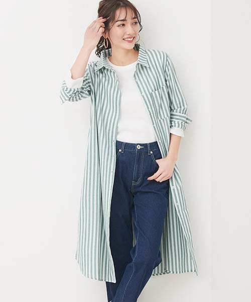 Pierrot(ピエロ)の「選べるストライプ ロングシャツ(シャツ/ブラウス・レディース・ネイビー/ミント/ベージュ/ブルー・M/L)」の3枚目の写真