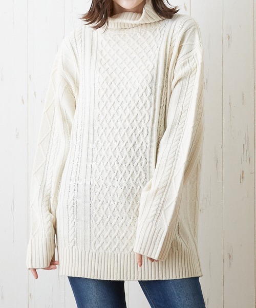 NO WAY（ノーウェイ）の「/７ゲージケーブル編みタートルネックニット/（ニット/セーター・レディース・ブラック/ベージュ/グレー/アイボリー/ホワイト系その他/ブラック系その他/ライトパープル/ワイン・MEDIUM/LARGE/X-LARGE）」の2枚目の写真