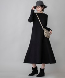 Munich | ダブルフェイスニット　ボートネックフレアワンピース(ワンピース)