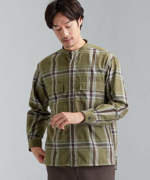 green label relaxing(グリーンレーベルリラクシング)の「SC テクノネル ミリタリー バンドカラー チェック 長袖 シャツ(シャツ/ブラウス・メンズ・ベージュ/オリーブ・X-LARGE/SMALL/LARGE/MEDIUM)」の2枚目の写真