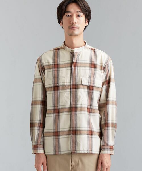 green label relaxing(グリーンレーベルリラクシング)の「SC テクノネル ミリタリー バンドカラー チェック 長袖 シャツ(シャツ/ブラウス・メンズ・ベージュ/オリーブ・X-LARGE/SMALL/LARGE/MEDIUM)」の4枚目の写真