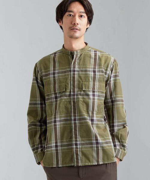 green label relaxing(グリーンレーベルリラクシング)の「SC テクノネル ミリタリー バンドカラー チェック 長袖 シャツ(シャツ/ブラウス・メンズ・ベージュ/オリーブ・X-LARGE/SMALL/LARGE/MEDIUM)」の8枚目の写真