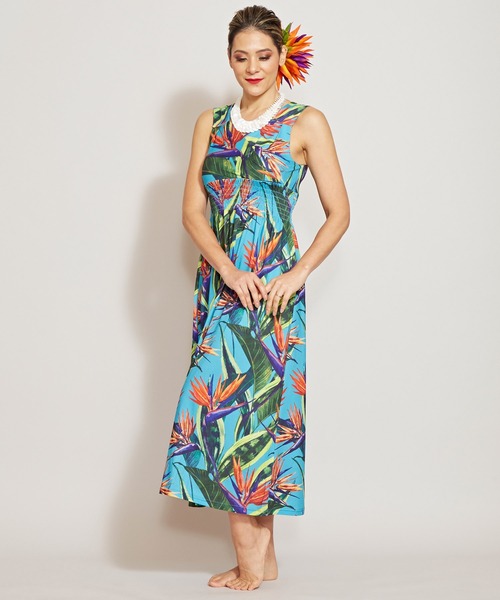 激安 売上 Maunaloa Ocean Blue Bird ノースリストレリチアワンピース ショート丈 ドレス Maunaloa マウナロア のファッション 品質セール検査済 Arenatheatre Net