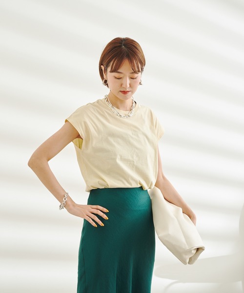 DouDou（ドゥドゥ）の「オーガニックコットンフレンチTシャツ（Tシャツ/カットソー・レディース・チャコールグレー/イエロー/ブラック/オフホワイト・FREE）」の14枚目の写真