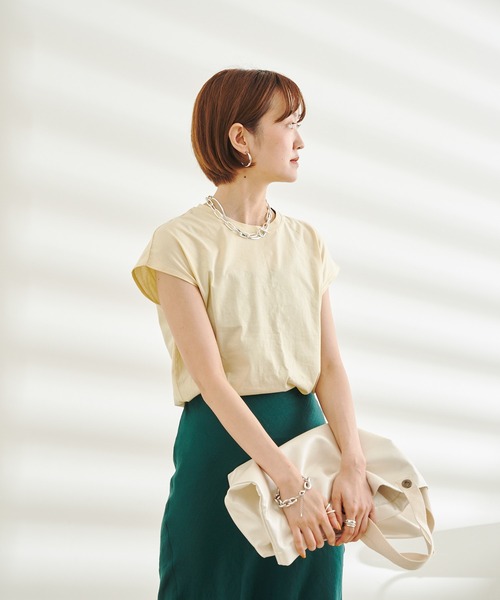 DouDou（ドゥドゥ）の「オーガニックコットンフレンチTシャツ（Tシャツ/カットソー・レディース・チャコールグレー/イエロー/ブラック/オフホワイト・FREE）」の9枚目の写真