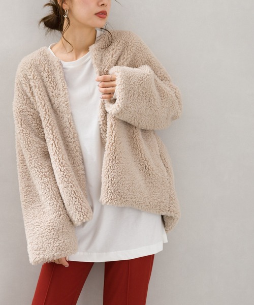 SpRay（スプレイ）の「ボアノーカラージャケット（ノーカラージャケット・レディース・ブラック/ベージュ/アイボリー/グレイッシュベージュ・FREE）」の4枚目の写真