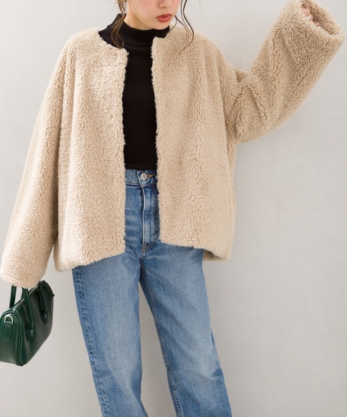 SpRay（スプレイ）の「ボアノーカラージャケット（ノーカラージャケット・レディース・ブラック/ベージュ/アイボリー/グレイッシュベージュ・FREE）」の6枚目の写真