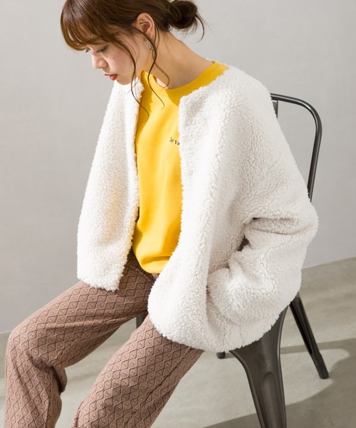 SpRay（スプレイ）の「ボアノーカラージャケット（ノーカラージャケット・レディース・ブラック/ベージュ/アイボリー/グレイッシュベージュ・FREE）」の8枚目の写真