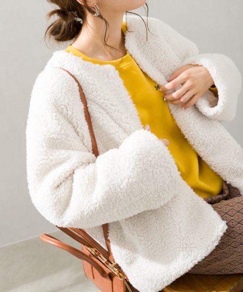 SpRay（スプレイ）の「ボアノーカラージャケット（ノーカラージャケット・レディース・ブラック/ベージュ/アイボリー/グレイッシュベージュ・FREE）」の19枚目の写真