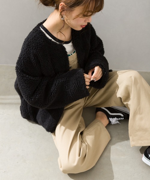 SpRay（スプレイ）の「ボアノーカラージャケット（ノーカラージャケット・レディース・ブラック/ベージュ/アイボリー/グレイッシュベージュ・FREE）」の11枚目の写真