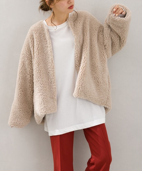 SpRay（スプレイ）の「ボアノーカラージャケット（ノーカラージャケット・レディース・ブラック/ベージュ/アイボリー/グレイッシュベージュ・FREE）」の10枚目の写真