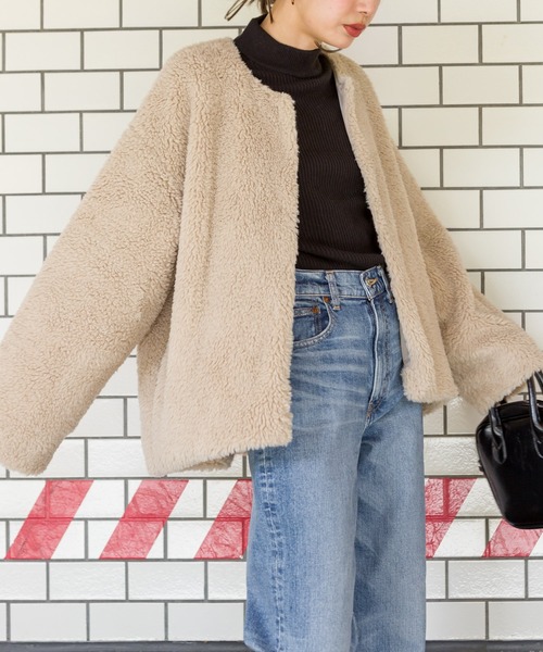 SpRay（スプレイ）の「ボアノーカラージャケット（ノーカラージャケット・レディース・ブラック/ベージュ/アイボリー/グレイッシュベージュ・FREE）」の21枚目の写真