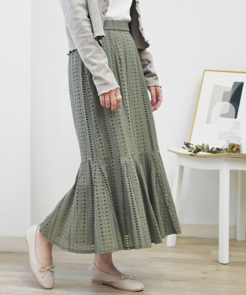 Brownie（ブラウニー）の「Brownie コットンレースフレアー切替スカート（スカート・レディース・ベージュ/ブラウン/カーキ/ピンク・FREE）」の3枚目の写真