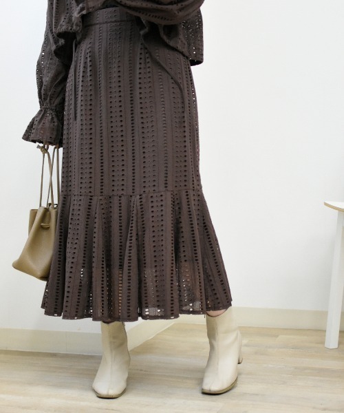 Brownie（ブラウニー）の「Brownie コットンレースフレアー切替スカート（スカート・レディース・ベージュ/ブラウン/カーキ/ピンク・FREE）」の9枚目の写真