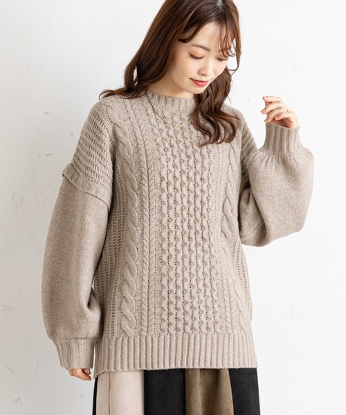prose verse（プロズヴェール）の「袖切替ケーブル編みニット（ニット/セーター・レディース・ベージュ/ブラウン/グリーン・MEDIUM）」の5枚目の写真