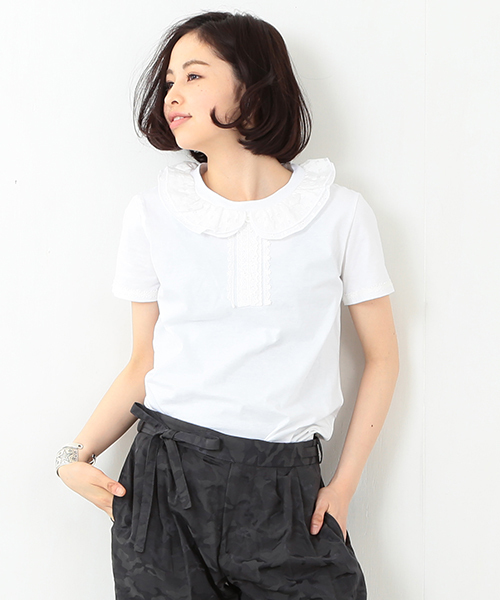 BEAMS BOY(ビームスボーイ)の「TORI-TO / レース Tシャツ(Tシャツ/カットソー・レディース・ホワイト/ネイビー・ONE SIZE)」の1枚目の写真