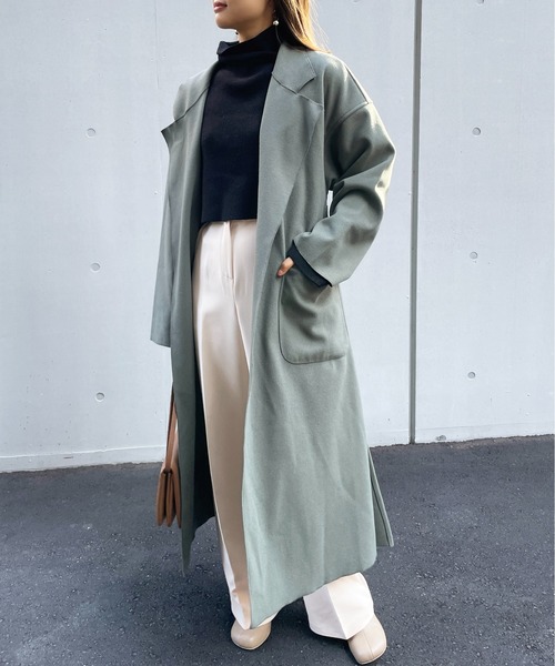 Meli rich（メリーリッチ）の「ベルト付き。オーバーサイズロングガウンコート（チェスターコート・レディース・オリーブ/モカ・MEDIUM）」の13枚目の写真