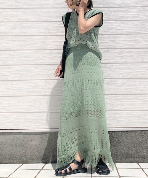 Q（キュー）の「バイカラークロシェ セットアップ（ワンピース・レディース・オリーブ/アイボリー・MEDIUM）」の10枚目の写真