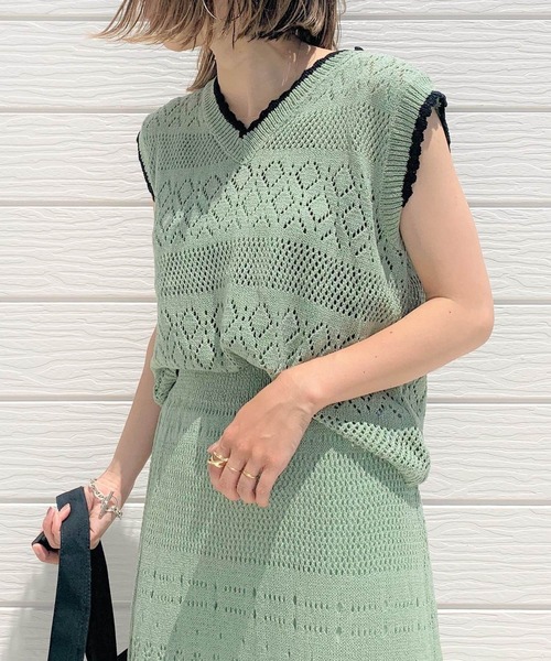 Q（キュー）の「バイカラークロシェ セットアップ（ワンピース・レディース・オリーブ/アイボリー・MEDIUM）」の6枚目の写真