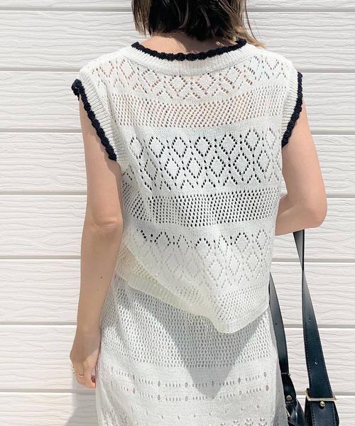 Q（キュー）の「バイカラークロシェ セットアップ（ワンピース・レディース・オリーブ/アイボリー・MEDIUM）」の9枚目の写真