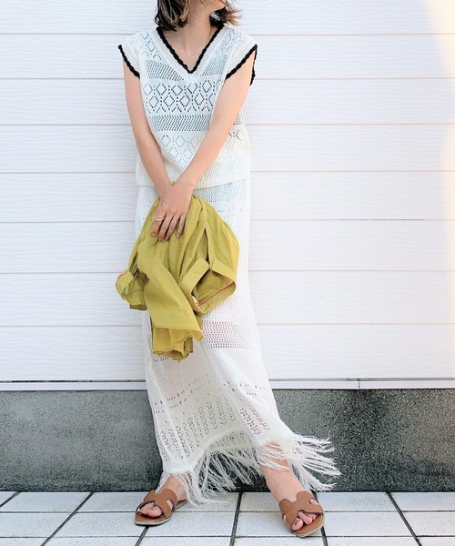 Q（キュー）の「バイカラークロシェ セットアップ（ワンピース・レディース・オリーブ/アイボリー・MEDIUM）」の16枚目の写真