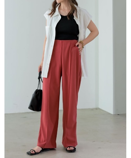 Re:EDIT（リエディ）の「[低身長/高身長サイズ有][イージーケア]カットジョーゼット切り替えストレートパンツ（その他パンツ・レディース・グリーン/ベージュ/ピンク/ブラック・LARGE/SHORT/TALL/MEDIUM）」の14枚目の写真