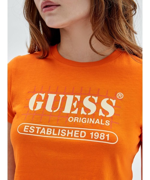 GUESS 売れ筋商品|||ゲス Tシャツ トップス レディース Tops Orange Guess（ゲス）の「GUESS Originals Grid Baby Tee（Tシャツ