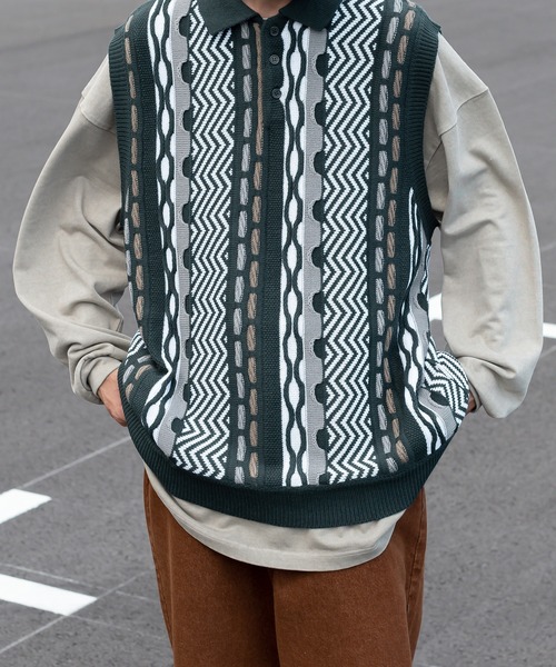 Perushu（ペルーシュ）の「クレイジーレトロニットポロベスト（ベスト・メンズ・ベージュ/グリーン/ボルドー・MEDIUM/LARGE）」の14枚目の写真