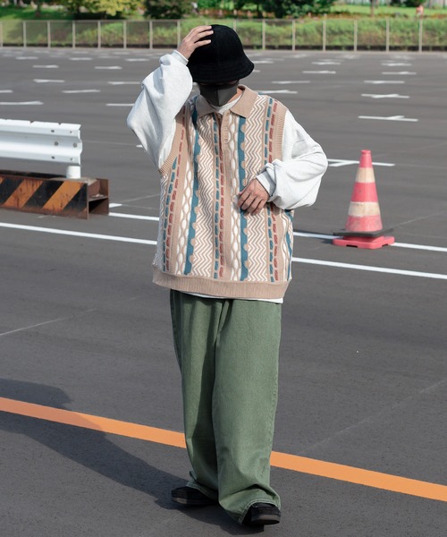 Perushu（ペルーシュ）の「クレイジーレトロニットポロベスト（ベスト・メンズ・ベージュ/グリーン/ボルドー・MEDIUM/LARGE）」の4枚目の写真