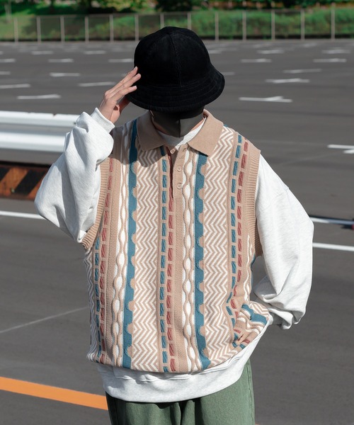 Perushu（ペルーシュ）の「クレイジーレトロニットポロベスト（ベスト・メンズ・ベージュ/グリーン/ボルドー・MEDIUM/LARGE）」の20枚目の写真