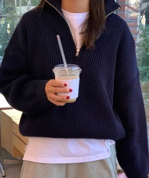 DAY CLOSET | 【2WAY可能/ハイネックorハーフジップ】長袖ノームコアドロップショルダーリブニットセーター 秋冬 レディース(ニット/セーター)