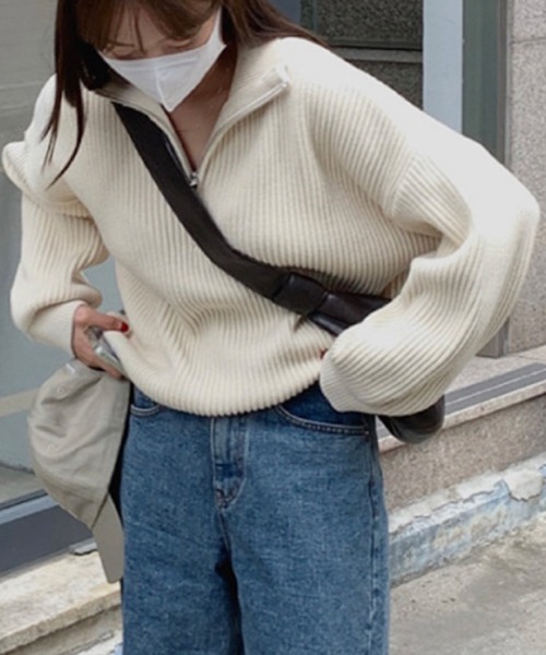 DAY CLOSET（デイ クローゼット）の「【2WAY可能/ハイネックorハーフジップ】長袖ノームコアドロップショルダーリブニットセーター 秋冬 レディース（ニット/セーター・レディース・クリーム/ネイビー/ピンク・ONE SIZE）」の15枚目の写真