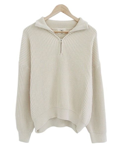 DAY CLOSET（デイ クローゼット）の「【2WAY可能/ハイネックorハーフジップ】長袖ノームコアドロップショルダーリブニットセーター 秋冬 レディース（ニット/セーター・レディース・クリーム/ネイビー/ピンク・ONE SIZE）」の11枚目の写真