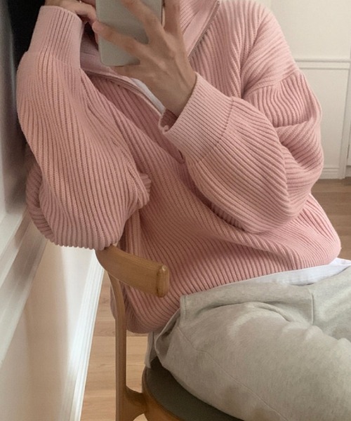 DAY CLOSET（デイ クローゼット）の「【2WAY可能/ハイネックorハーフジップ】長袖ノームコアドロップショルダーリブニットセーター 秋冬 レディース（ニット/セーター・レディース・クリーム/ネイビー/ピンク・ONE SIZE）」の12枚目の写真