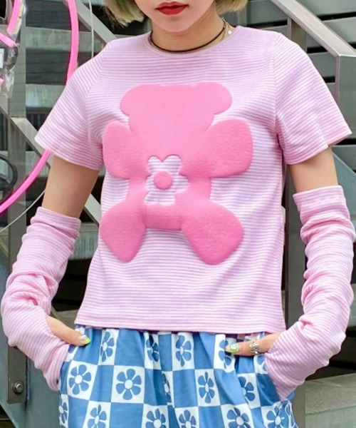 Candy Stripper（キャンディストリッパー）の「FLOWER BEAR BORDER COMPACT Tシャツ（Tシャツ/カットソー・レディース・ターコイズブルー/ライトピンク/ブラック・2）」の3枚目の写真