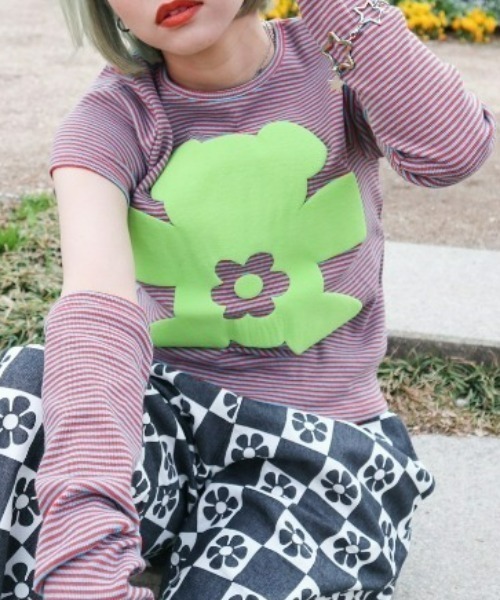 Candy Stripper（キャンディストリッパー）の「FLOWER BEAR BORDER COMPACT Tシャツ（Tシャツ/カットソー・レディース・ターコイズブルー/ライトピンク/ブラック・2）」の2枚目の写真