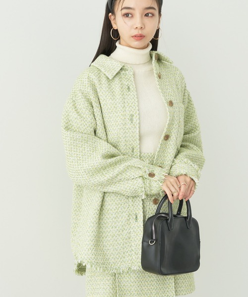 earth music&ecology（アースミュージックアンドエコロジー）の「ツイードシャツジャケット（その他アウター・レディース・ライム/アイボリー・FREE）」の2枚目の写真