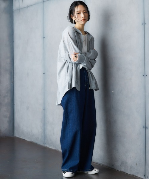 PEOPLESTYLE*変形シルエット ウォッシュデニム ワイドパンツ サイドピンタックブリーチウォッシュロングワイドデニム ／ Side