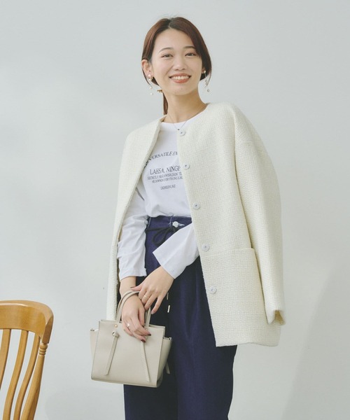 Chez toi（シェトワ）の「ツイードミドル丈ジャケットコート（ノーカラージャケット・レディース・ブラック/イエロー/アイボリー・FREE）」の9枚目の写真