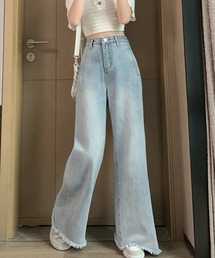 裾フリンジデニムワイドフレアパンツ