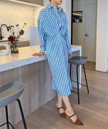 レジメンタルストライプタックボリュームシャツワンピース