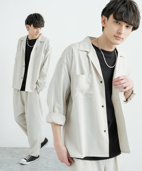 Rocky Monroe（ロッキーモンロー）の「セットアップ オーバーサイズ ビッグ長袖シャツジャケット＆テーパードパンツ（セットアップ・メンズ・オフホワイト/グレイッシュベージュ/ライトカーキ/ブラック/ブルーグレー/ネイビー/ブラウン/チャコール/グレー・M/L/XL）」の2枚目の写真